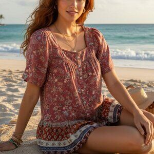 BEACH LUNCH LOUNGE BOHO/GYPSY TUNIC TOP (SMALL PETITE)